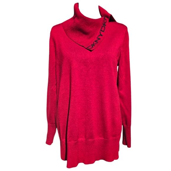 DKNY Turtleneck Side Logo Red Tunic‎ Sweater Women's Size Medium - Picture 1 of 10